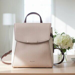 Kate Spade Grace Medium Backpack Beige Colorblock Leather Flap